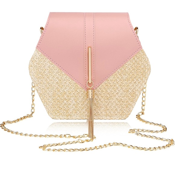 Pink and Cream Hexagonal Crossbody Bag with Gold Chain - Picture 1 of 4